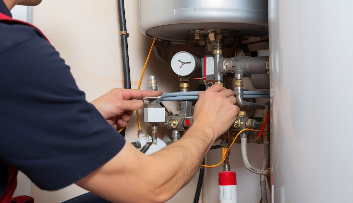 Hydraulic mechanic installer repairs an electric water heater in a house