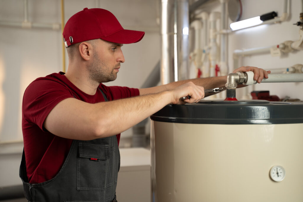 hvac inspection A professional technician wearing a red uniform is diligently working on maintaining a boiler in a residential utility room, ensuring the system operates efficiently and safely for the home.