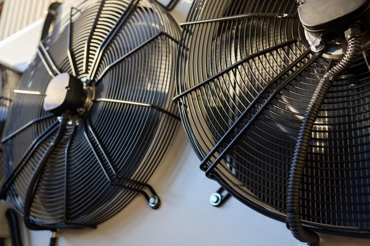commercial HVAC installation closeup Industrial Cooling Fans mounted on a wall