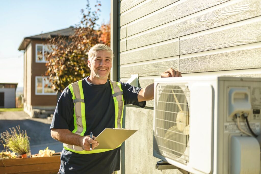 heat pump installation man technician smiling wearing black shirt outside big house