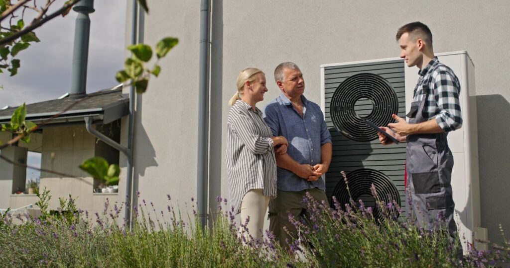 new hvac system cost technician uses a tablet to demonstrate modern heat pump features to an old couple outdoors.