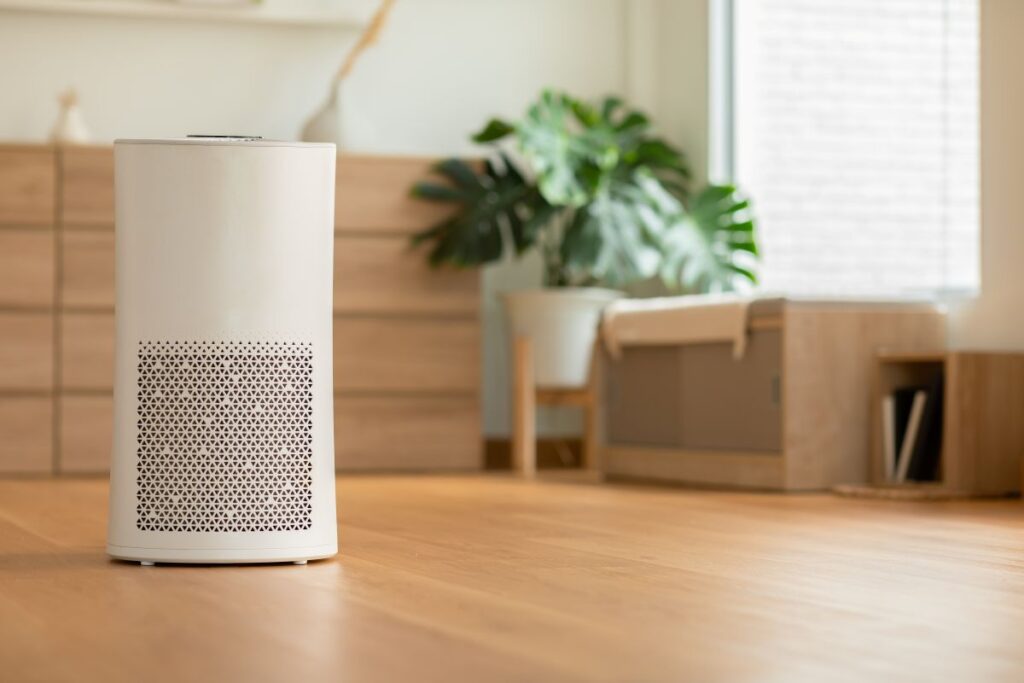Air purifier in living room for filter and cleaning removing dust