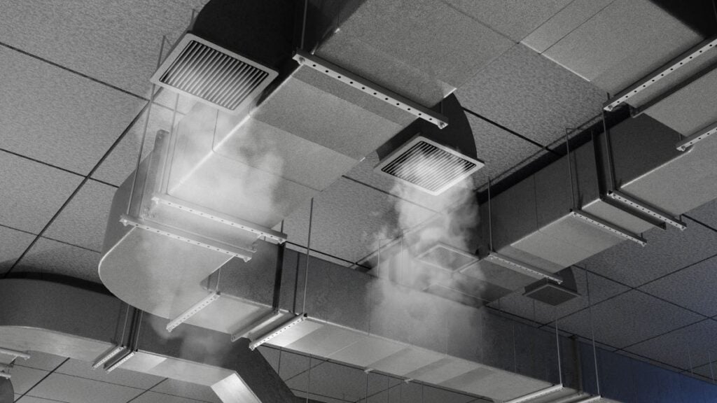 HVAC ventilation, smoke leaks from ceiling air ducts during building system testing and maintenance inspection
