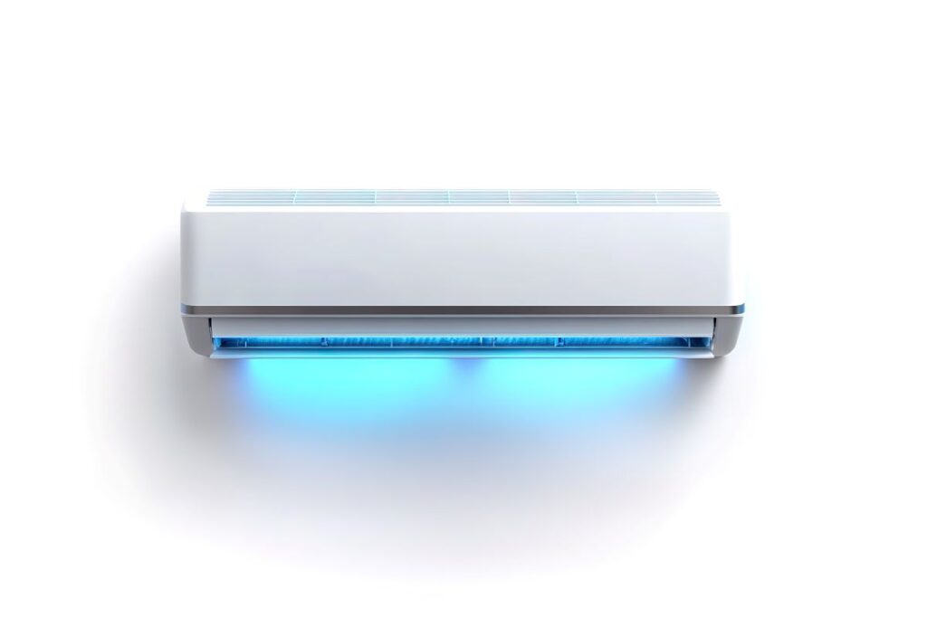 White Air Conditioner Unit with Blue Light Against a Clean, Minimalist White Background