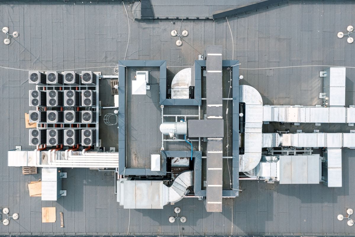 Efficient ventilation system on the roof of the house, air conditioner fans, ventilation system on the roof of commercial buildings. Commercial rooftop HVAC unit
