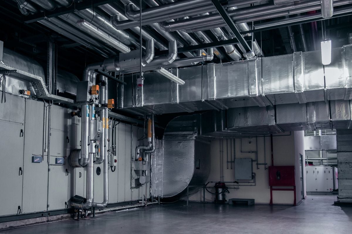 Modern industrial interior of the ventilation plant room