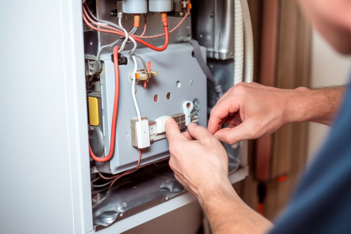 Repairman fixing a broken electric boiler or furnace
