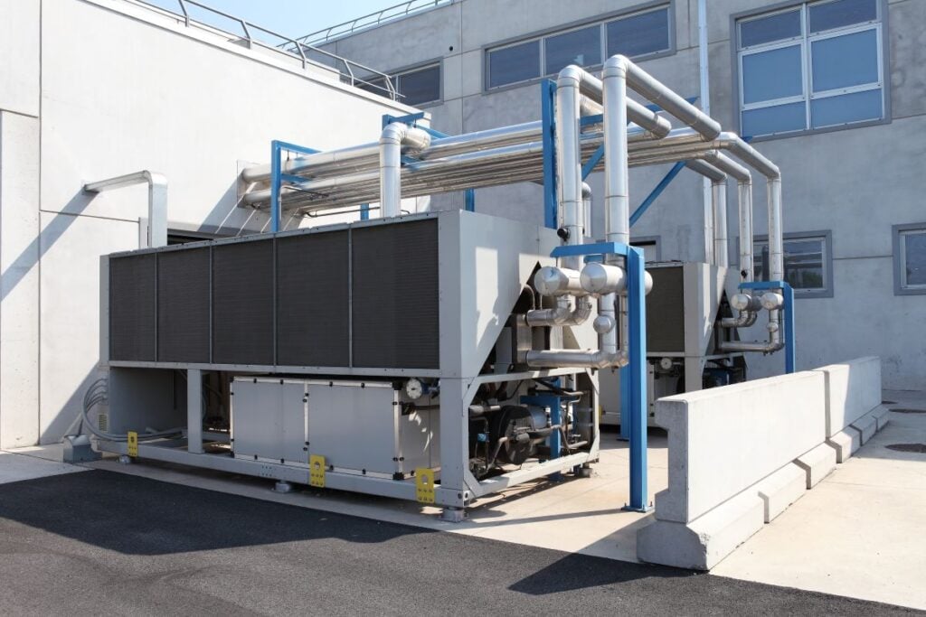 huge air conditioning unit, central heating and cooling system control. Commercial rooftop HVAC unit